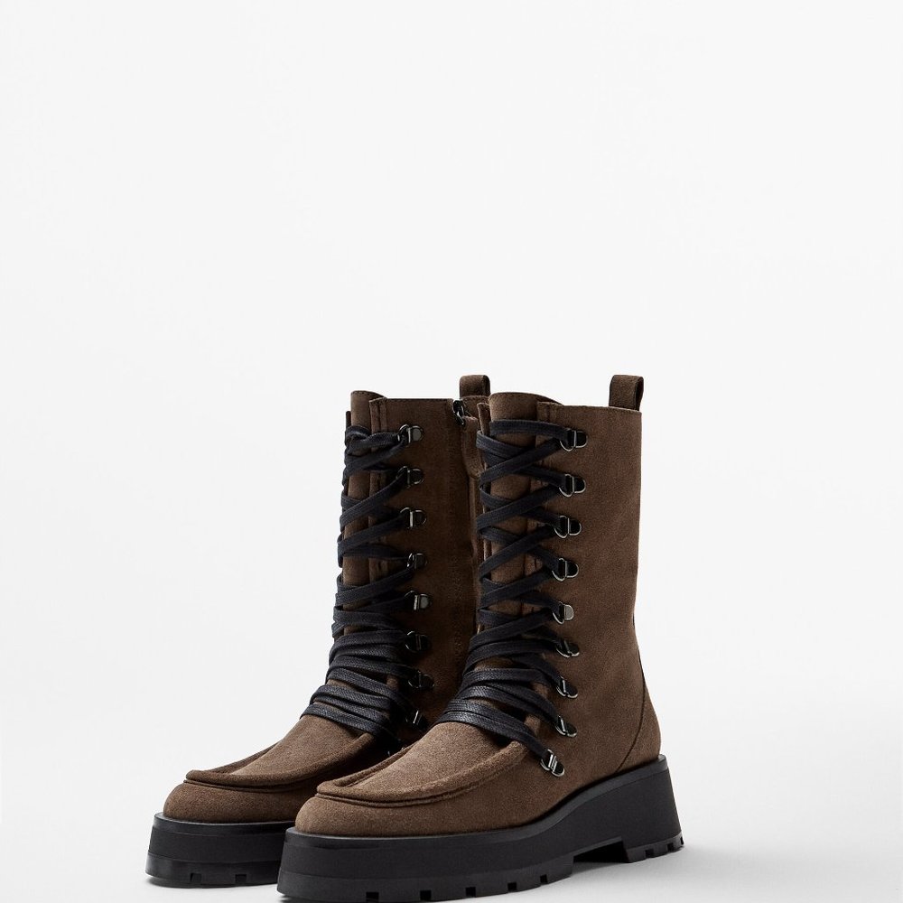 Massimo Dutti BROWN LACE-UP SPLIT SUEDE ANKLE BOOTS WITH HOOKS Massimo Dutti